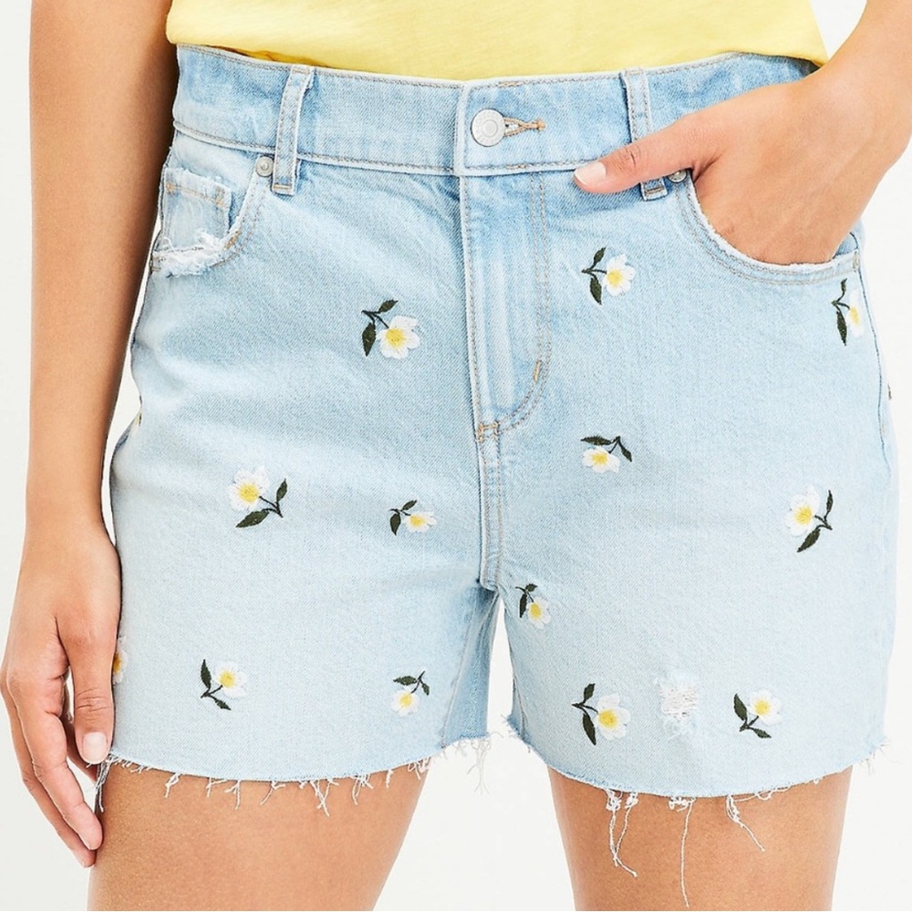LOFT Light Blue Floral Embroidered Raw Hem Jean Shorts